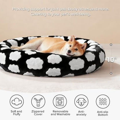 JOEJOY Jacquard Donut Round Dog Beds Large Sized Dog,Black 36x36x8in, Removable Washable Cover, Cute Pattern, Ultra Soft Fluffy Calming Pet Bed with Thick Supportive Bolster