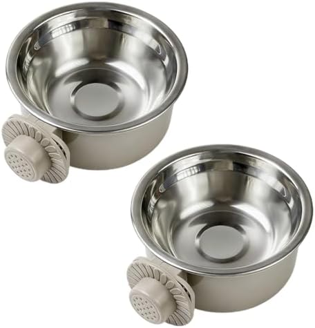 2Pcs Pets Lightweight Stainless Steel Bowl,Removable Stainless Steel Pet Hanging Food Water Feeder Bowl for Puppy Dog Cat Rabbit Ferret Bird Gunea Pigs (Gray-Medium)