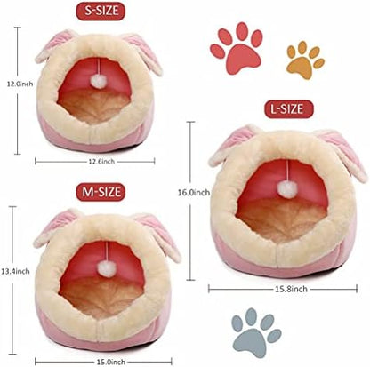 Cat Beds for Indoor Cats - Small Dog Bed with Anti-Slip Bottom, Rabbit-Shaped Cat/Small Dog Cave with Hanging Toy, Puppy Bed with Removable Cotton Pad, Super Soft Calming Pet Sofa Bed (Pink Large)