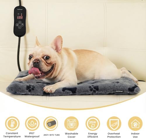 Pet Heating Pad for Cats Dogs, Heated Cat Dog Bed with 5 Temperature Levels, Timer, Auto Shut-Off, Thick Paw-Print Cover, Chew Resistant Cord for Indoor & Sheltered Outdoor Use (M: 20" x 16" x 1.3")