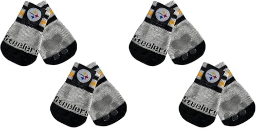NFL Pittsburgh Steelers Anti Slip Dog Socks with Elastic Ribbed Top, Size X-Small/Small. Indoor/Outdoor Socks, Best Dog Paw Protector, 2 Pairs, Cool Puppy Supplies with NFL Logo of Steelers Team