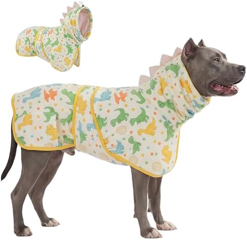 LovinPet 3-in-1 Dog Warm Winter Coat & Bathrobe, Yellow Dinosaur Fleece, L