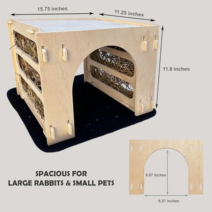 Kiwi&Mora Wooden Bunny Hideout – Large Indoor Rabbit House with Hay Feeder
