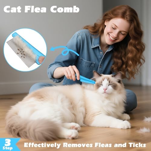 3PCS Cat Grooming Supplies, Cat Brush & Nail Clipper/Trimmer & Flea Comb for Shedding Indoor Cats Essentials Stuff Accessories (Blue)