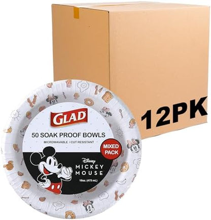Glad for Kids Disney Mickey & Minnie Disposable Bowls, 16 Oz, 50 Ct, 12-Pk