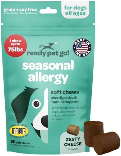 Dog Allergy Chews with Probiotics | Seasonal Allergy Chews for Dogs with Wild Alaskan Salmon Oil & Colostrum | Environmental Dog Allergy Support | NASC Certified & Made in the USA | 60 Chews