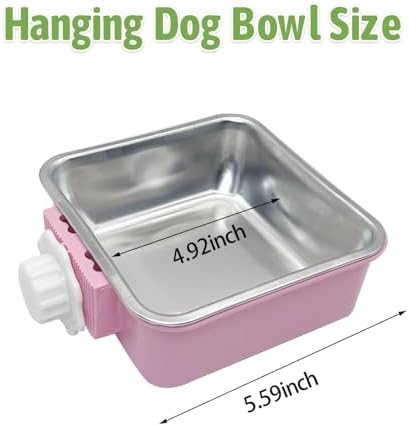 kathson Crate Dog Bowl, Removable Stainless Steel Hanging Pet Kennel Cage Bowl Food & Water Feeder Coop Cup for Puppy, Cat, Rabbit,Guinea Pigs 2pcs Large Square(Blue,Pink)