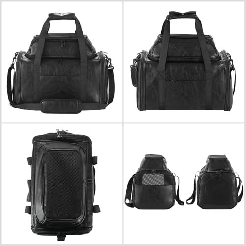 Premium Leather Top Expandable Pet Carrier for Small Dogs & Cats Under 15 lbs, Airline Approved Collapsible Soft-Sided Luxury Travel Bag Black