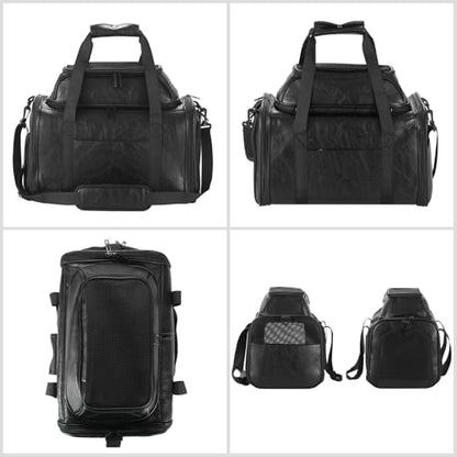 Premium Leather Top Expandable Pet Carrier for Small Dogs & Cats Under 15 lbs, Airline Approved Collapsible Soft-Sided Luxury Travel Bag Black