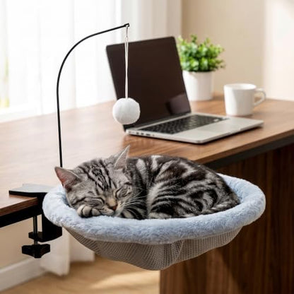 Cat Desk Bed for Home Office – Sunken Clamp-On Cat Hammock Holds 40 lbs | Fits Desks 0.8-2.4", 14" Washable Nest, Non-Slip Heavy-Duty Mount, Space-Saving Cat Perch for Remote Workers