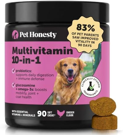 10-in-1 Dog Multivitamin Supplement with Glucosamine & Probiotics - Hip & Joint Support, Digestive Health, Immune Support, Heart & Skin - All-in-One Daily Vitamins & Omega-3s for Dogs, Chicken, 90 Ct