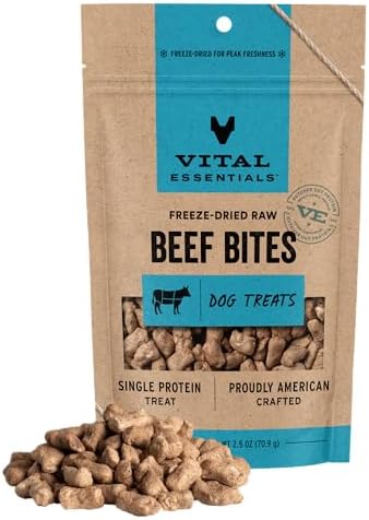 Vital Essentials Freeze Dried Dog Treats, Beef Bites, 2.5 oz Bag