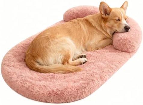 Orthopedic Dog Bed with Egg-Crate Base, Calming Dog Beds Fluffy Plush Faux Fur with Raised Edges, Spine Friendly Pet Sleeping Mat for Medium Large Dogs, Easy Wash (Oval, Blush Pink 32"x24")