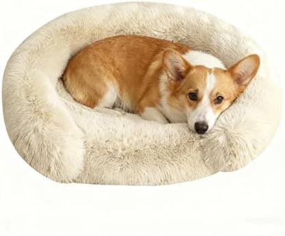 Calming Dog & Cat Beds with Orthopedic Egg-Crate Foam Raised Rim, Soft Fluffy Faux Fur Pet Bed for Small Medium Dogs, Anxiety Relief Spine Support, Machine Washable Cover (Round, Beige 23")