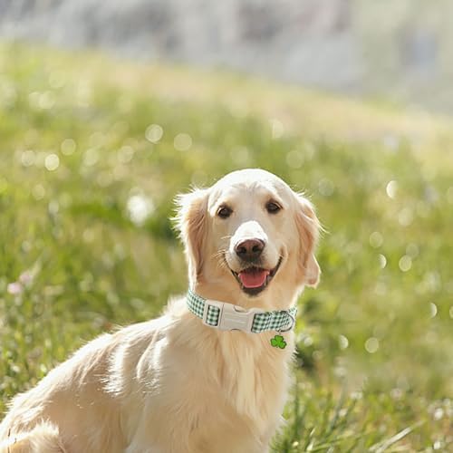 Lionet Paws St. Patrick Dog Collar, Comfortable Adjustable Green Collar with Green and White Grid Pattern for Medium Male Female Dogs Collars, Neck 13.5-22 inches