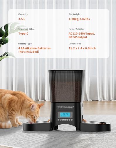 HoneyGuardian Automatic Cat Feeder for 2 Cats, Automatic Cat Food Dispenser, Timed Pet Feeder for Cats and Dogs, Desiccant Bag, Programmable Portion Control,10s Voice Recorder