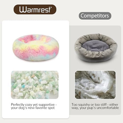 Donut Dog Bed Medium Size Dog, Round Cat Beds for Small Medium Dogs and Cats with Washable Fluffy Faux Fur, Cute Comfort Pet Bed with Anti-Slip Bottom, Rainbow, 30"