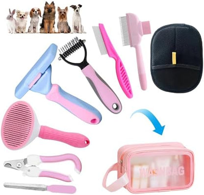 Aglads 8PCS Cat Rabbit Bunny Dog Grooming Kit, Self-Cleaning Slicker Brush & Deshedding Comb, Dematting Tool, Nail Clipper File, Flea Comb, Portable Storage Bag for Long/Short Haired Pets(8, pink)