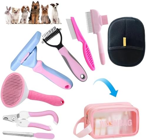 Aglads 8PCS Cat Rabbit Bunny Dog Grooming Kit, Self-Cleaning Slicker Brush & Deshedding Comb, Dematting Tool, Nail Clipper File, Flea Comb, Portable Storage Bag for Long/Short Haired Pets(8, pink)