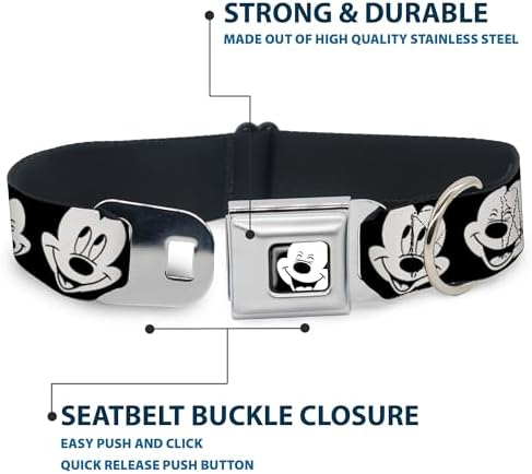 Disney Pet Collar, Dog Collar Metal Seatbelt Buckle, Mickey Mouse Expressions Close Up Black White, 20 to 31 Inches 1.5 Inch Wide