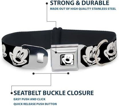 Disney Pet Collar, Dog Collar Metal Seatbelt Buckle, Mickey Mouse Expressions Close Up Black White, 20 to 31 Inches 1.5 Inch Wide