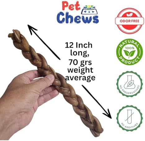 12" Jumbo Braided Bully Sticks for Large Dogs - Ultra Thick 3-Strand Twist (70g Average) - 100% Natural Grass-Fed Beef, Odor-Free - Long Lasting Dental Chews for Aggressive Chewers