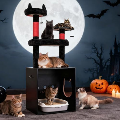 Cat Tree Tower with Litter Box Enclosure, 67''H Cat Tower, Black