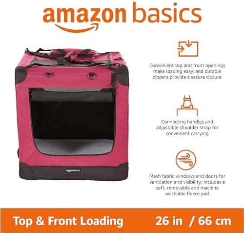 Amazon Basics Folding Portable Soft Pet Dog Crate Carrier Kennel, 26 x 18 x 18 inches, Red