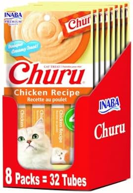 INABA Churu Lickable Purée Natural Cat Treats - Chicken Recipe (4 Servings per Package, 8 Packages) (32 Tubes)