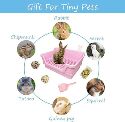 PINVNBY Large Rabbit Litter Box Deep Bunny Corner Toilet Box Double-Deck Small Animal Potty Trainer with Hooks for Adult Guinea Pig Chinchilla Ferret Chipmunk (Pink)