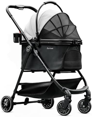 Pet Stroller for Small Dogs and Cats, One-Click Foldable Dog Stroller with Detachable Carrier & 3 Safety Tethers, Holds up to 33 lbs, Storage Basket & Cup Holder, Breathable Mesh, Black
