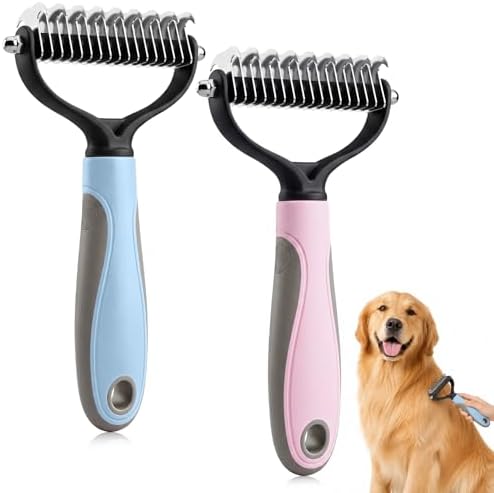 2Pcs Pet Grooming Brush, Pet Knotter Dog Grooming, Deshedding Dog Brush Removes Tangles Knots and Loose Fur, Pets Knotting Comb, Pe t Pro Double Sided Shedding Brush (Blue+Pink)