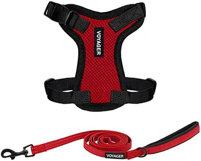 Best Pet Supplies Voyager Step-in Lock Pet Harness w Reflective Pet Leash Combo Set with Neoprene Handle 5ft - Supports Small, Medium and Large Breed Puppies/Cats - Red/Black Trim Set, XXS