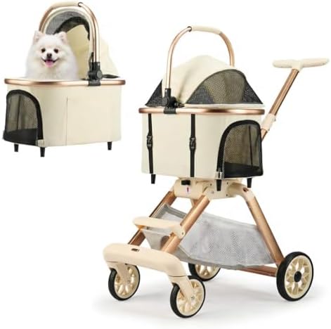 Pet Stroller for Small Dogs - 3 In1 Dog Stroller with Adjustable Handle and Detachable Carrier Car Seat, Foldable Cat Stoller with 5" Lockable All-Terrain Wheels