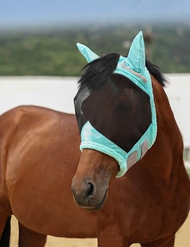 Harrison Howard Horse Fly Mask UV Protective Fine Mesh with Extra Wool Soft Touch on Skin Fly and UV Protection Summer Mint-Black XL
