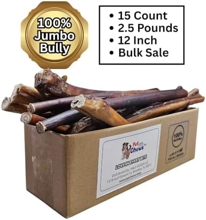 12" Jumbo Bully Sticks (15 Pack) - 72g - 2.4 Oz Average per Stick (Total 2.5 Lb) - 100% Natural Grass-Fed Beef Pizzle, Odor-Free - Long Lasting Chews for Large Dogs & Power Chewers.