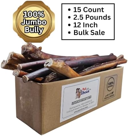 12" Jumbo Bully Sticks (15 Pack) - 72g - 2.4 Oz Average per Stick (Total 2.5 Lb) - 100% Natural Grass-Fed Beef Pizzle, Odor-Free - Long Lasting Chews for Large Dogs & Power Chewers.