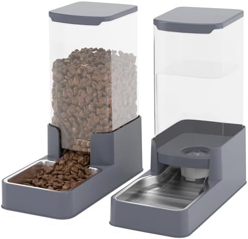 Stainless Steel Cat Feeder and Water Dispenser,Gravity Waterer & Food Feeder Set with Stainless Steel,Large Capacity Pet Food Bowl for Small Medium Dog Pets Puppy Kitten(Grey,1 Gallon)