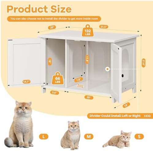 Shintenchi Cat Litter Box Enclosure, Litter Box Furniture Cabinet Hidden with Removable Divider, Wooden Cat House with End Table, White, 31.5 inch
