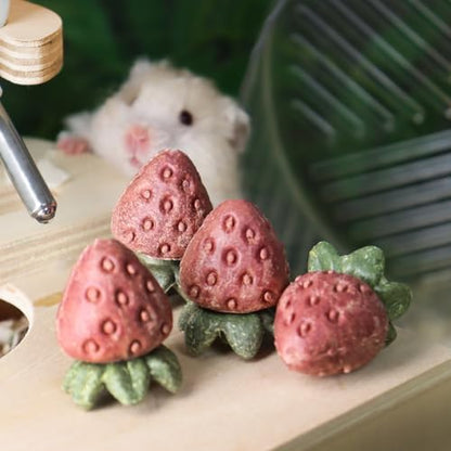 TEEWY Guinea Pig Toys, 4PCS Strawberry Shaped Hamster Toys, Natural Guinea Pig Chew Toys for Teeth Grinding, Hamster Enrichment Toys for Hamster, Gerbil, Chinchilla, Rat