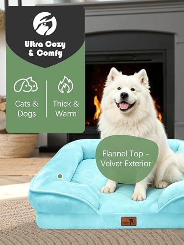 Spotted Play Orthopedic Dog Bed with Sides - Sofa Beds for Large Dogs, Supportive Foam Pet Couch Bed with Washable Removable Cover, Waterproof Lining and Non-Slip Bottom, Ice Blue - L-Plus