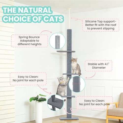 Max & Marlow 95-108" Floor to Ceiling Cat Tree for Indoor Cats, Light Grey