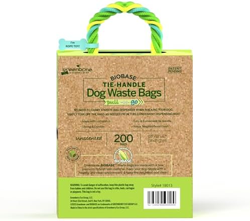 Greenbone Poop Bags for Dogs with Handles Unscented with Bonus Rope Pet Toy, 200 Count on Single Roll, Plant Based