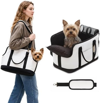 JourCraf Dog Carrier for Small Dogs, Soft Sided Cat Carrier with Hard Bottom, Breathable Mesh Top, Safety Leash, Padded Shoulder Strap, Fits Pets up to 13 lbs, for Travel, White