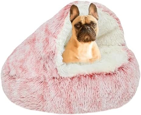 YUDANSI Small Dog Bed Hooded, Cat Cave Bed for Indoor Cats with Covered Hood for Small Dogs Cats Puppy, Plush Faux Fur Enclosed Nest(pink-26'')