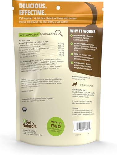 Pet Naturals Hip and Joint Pro Supplement with Glucosamine, Green-Lipped Mussel, and Chondroitin for Dogs, Duck Flavor, 60 Chews