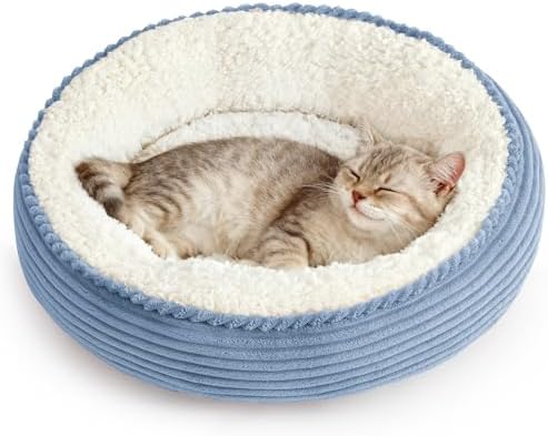 Love's cabin Round Donut Cat and Dog Cushion Bed, 20in Pet Bed for Cats or Small Dogs, Anti-Slip & Water-Resistant Bottom, Super Soft Durable Fabric Pet beds, Washable Luxury Bed Sky Blue Stripe