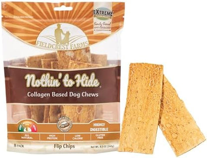Fieldcrest Farms Nothin to Hide Flip Chips Dog Chews - Natural Rawhide Alternative Treats for Dogs, Collagen Based Snack for Moderate Chewers Up to 35lbs, Peanut Butter Flavor -1 Pack (8 Chips)