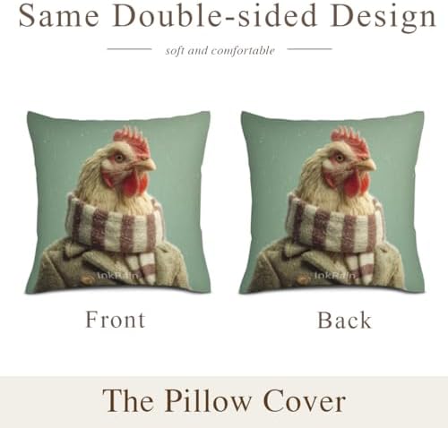 InkRain Winter Animal Cute Chicken Pillow Cover 12x12 Inch Set of 2 Home Decor Decorative Cotton Linen Illustration Pillowcases for Living Room House Sofa