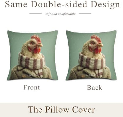 InkRain Winter Animal Cute Chicken Pillow Cover 12x12 Inch Set of 2 Home Decor Decorative Cotton Linen Illustration Pillowcases for Living Room House Sofa